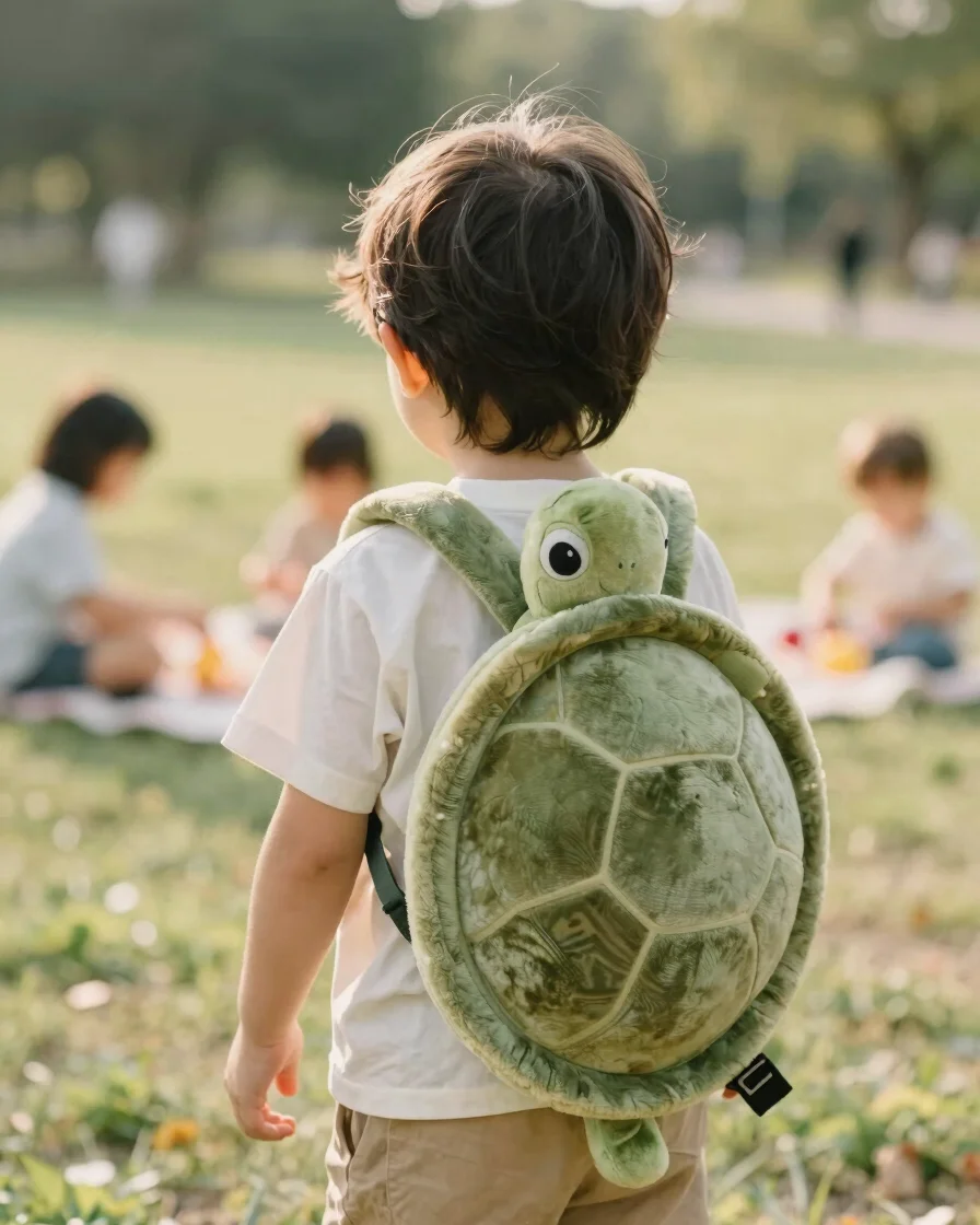 Warm editorial photography of a child wearing a soft turtle plush
