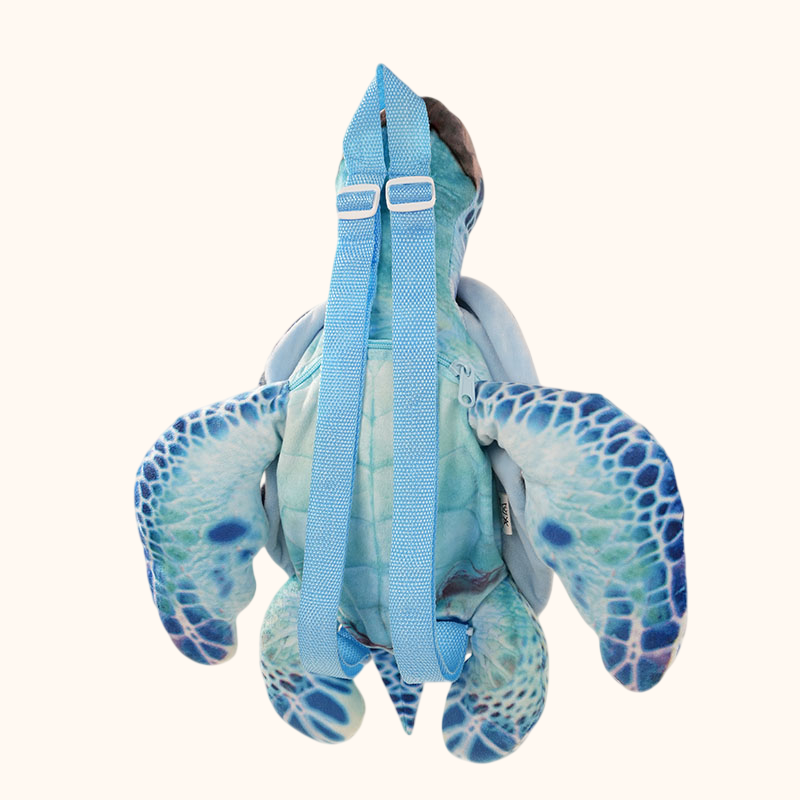 Blue sea turtle plush backpack with a shimmering patterned shell