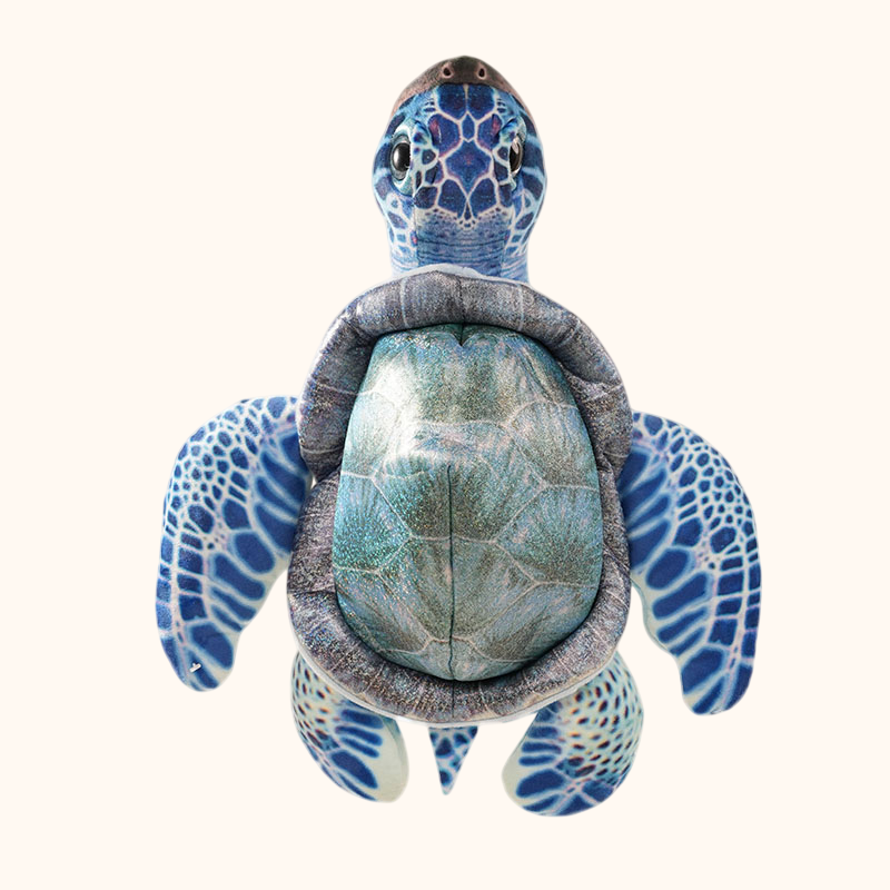 Blue sea turtle plush backpack viewed from the front